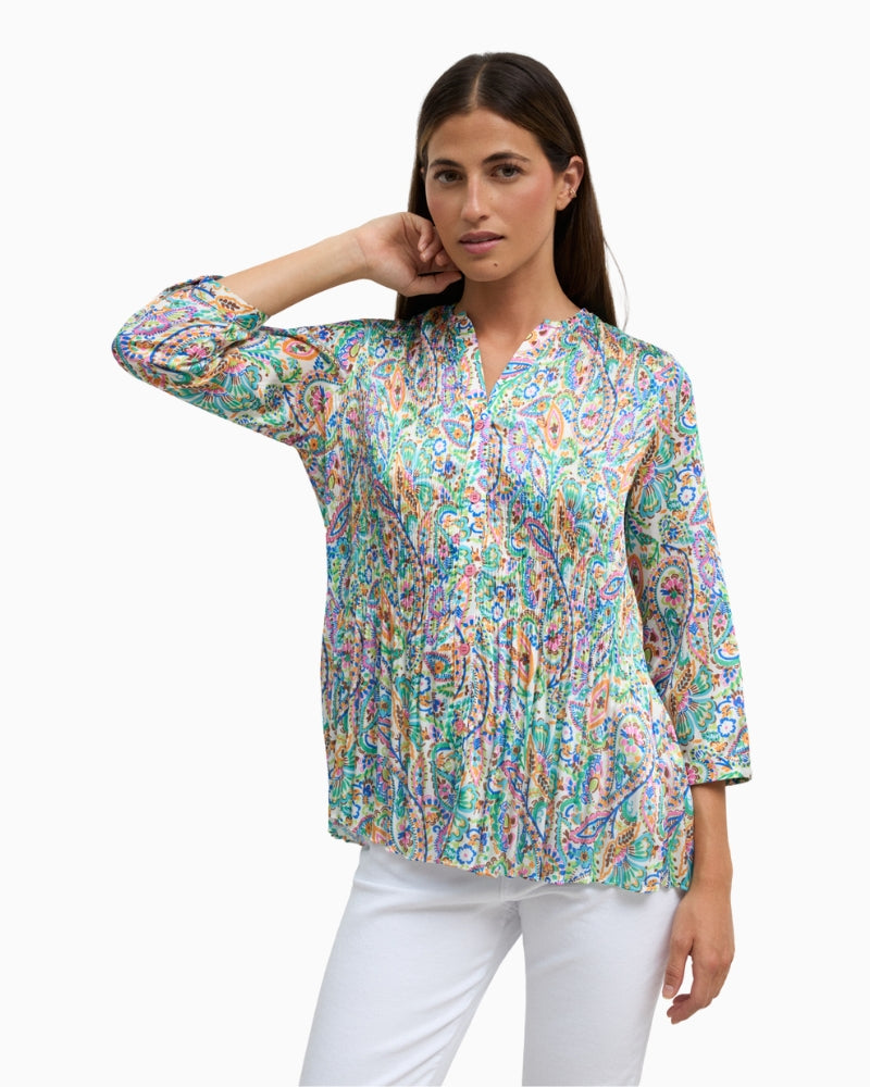 Tinta Lily navy blouse, front view on model – Áines Boutique