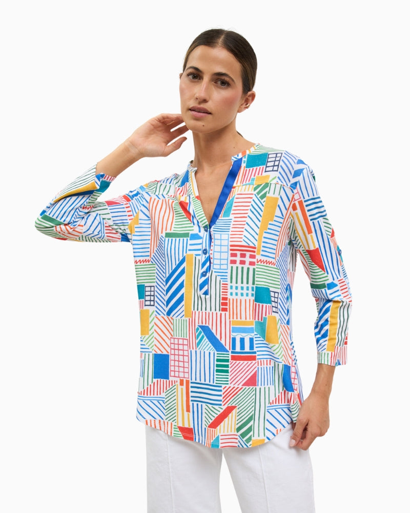 Tinta Merve blue blouse, front view on model – Áines Boutique