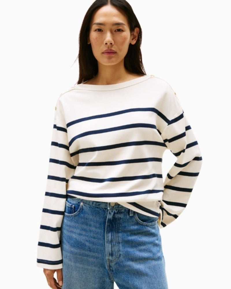 Tommy Hilfiger boat neck top with gold buttons and long sleeves