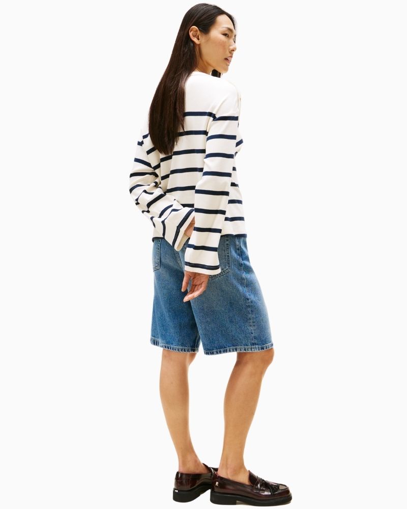 Back of Tommy Hilfiger boat neck top with gold buttons and long sleeves