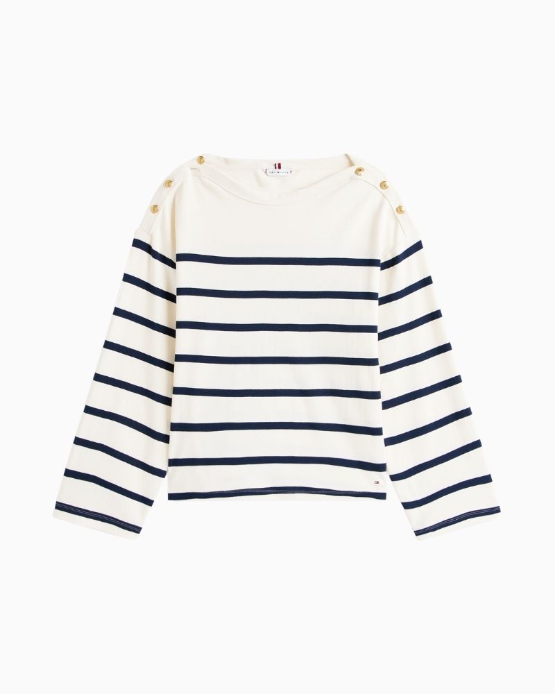 White cotton top with dropped shoulders and embroidered sleeve flag