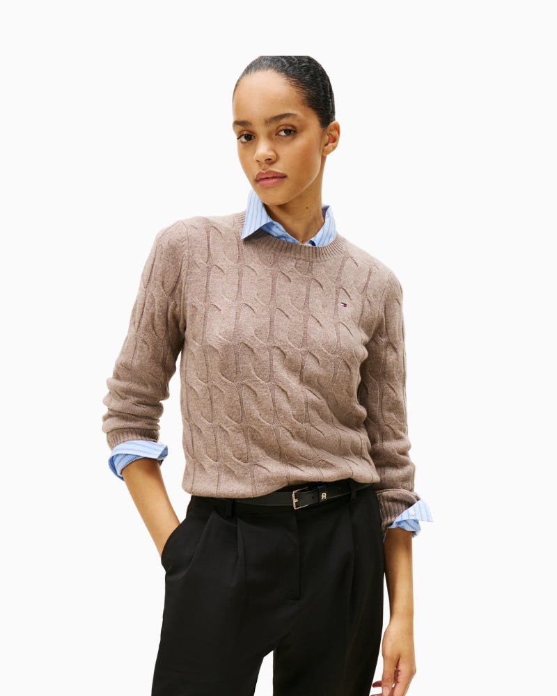 Beige Tommy Hilfiger wool cable-knit crew-neck sweater
