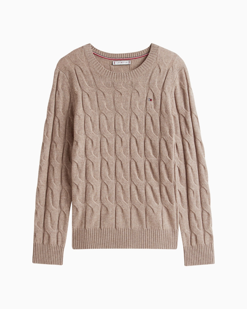 Front view of beige crew-neck jumper with ribbed cuffs