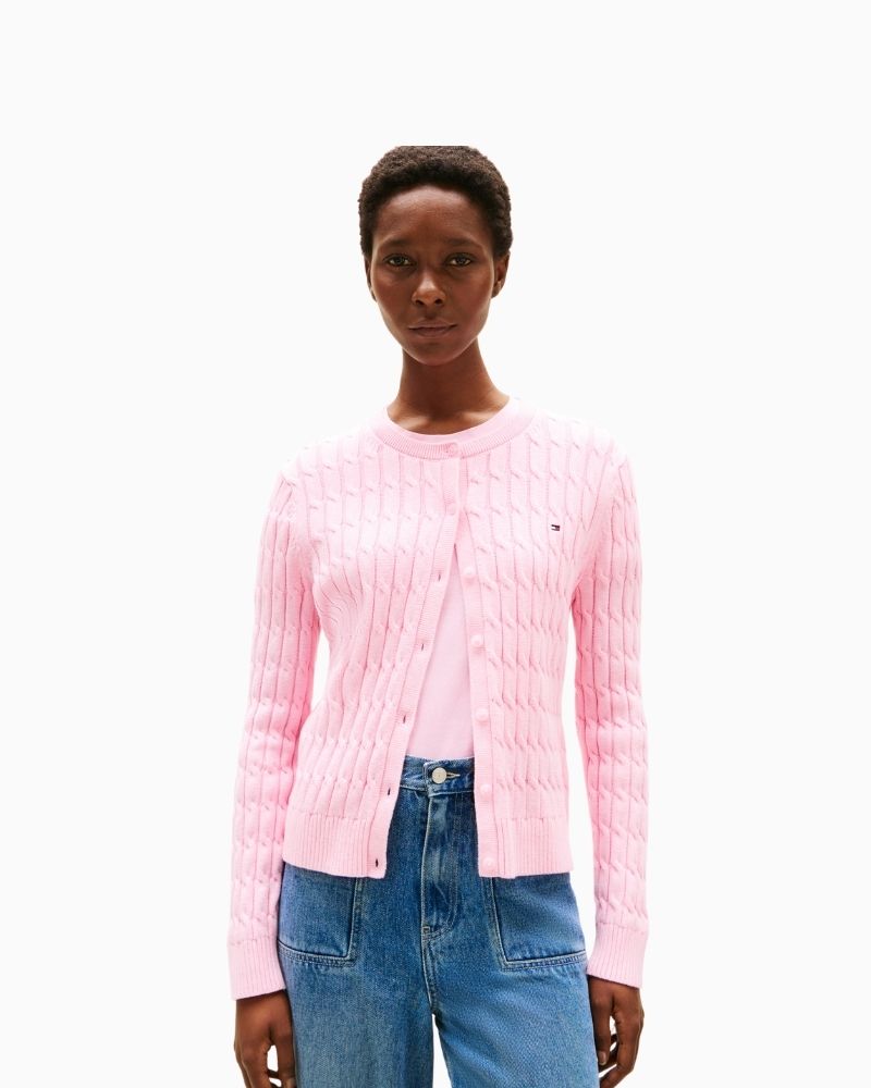 Tommy Hilfiger pink cotton cardigan with cable knit texture and crew neckline