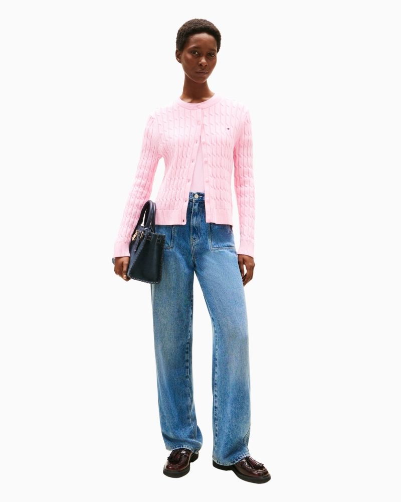 Front of cable crew neck cardigan with button front and long sleeves