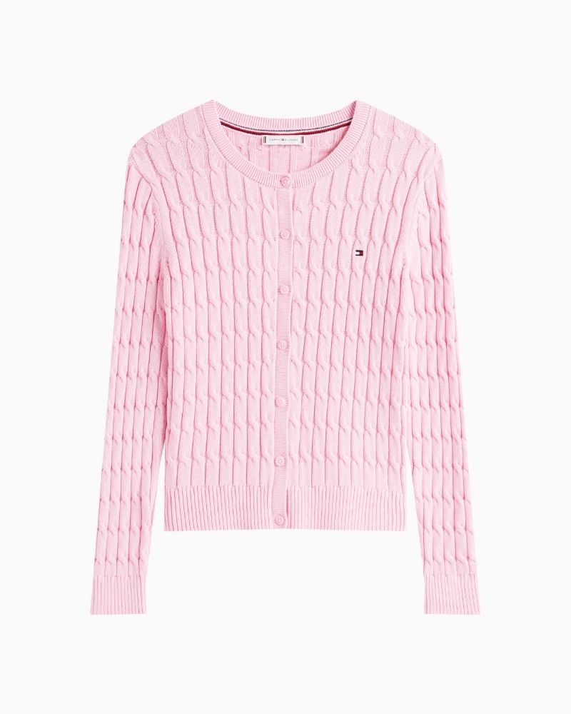 Tommy Hilfiger pink cotton cardigan with cable knit texture and crew neckline