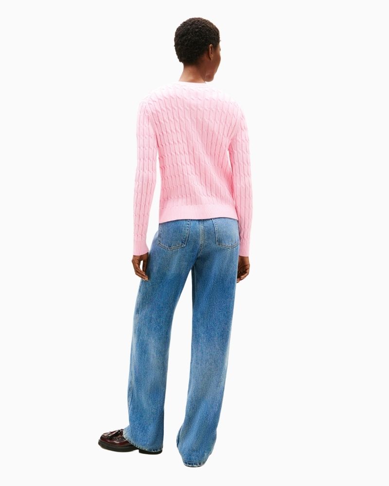 Back of Tommy Hilfiger pink cotton cardigan with cable knit texture and crew neckline