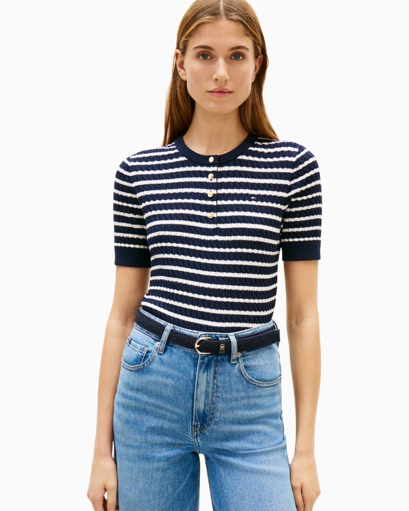 Woman wearing Tommy Hilfiger cable knit striped top front view – Áines Boutique