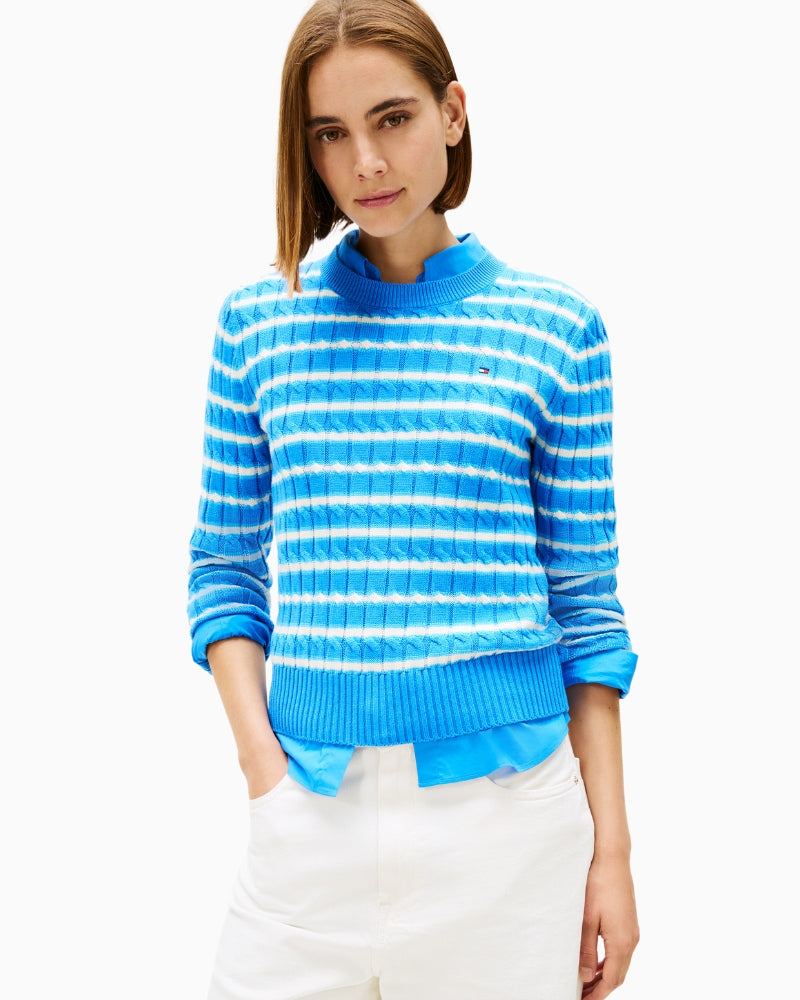 Front view of blue striped Tommy Hilfiger cable knit jumper