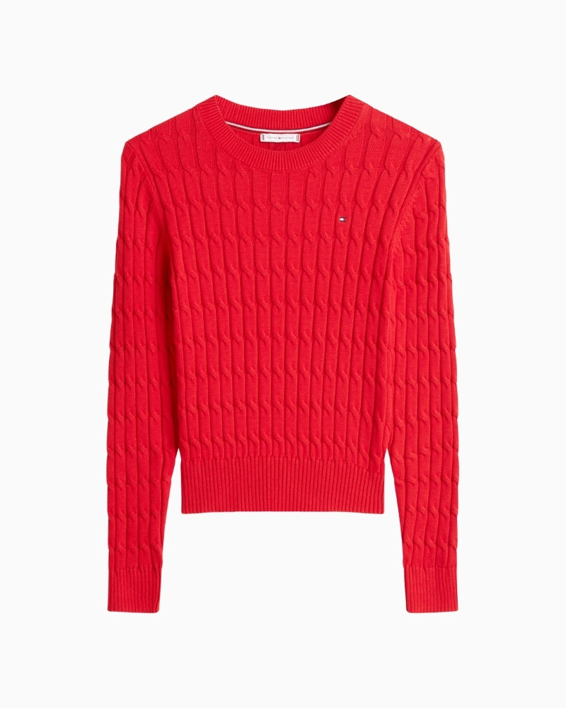 Front view of red Tommy Hilfiger cable knit jumper with crew neck