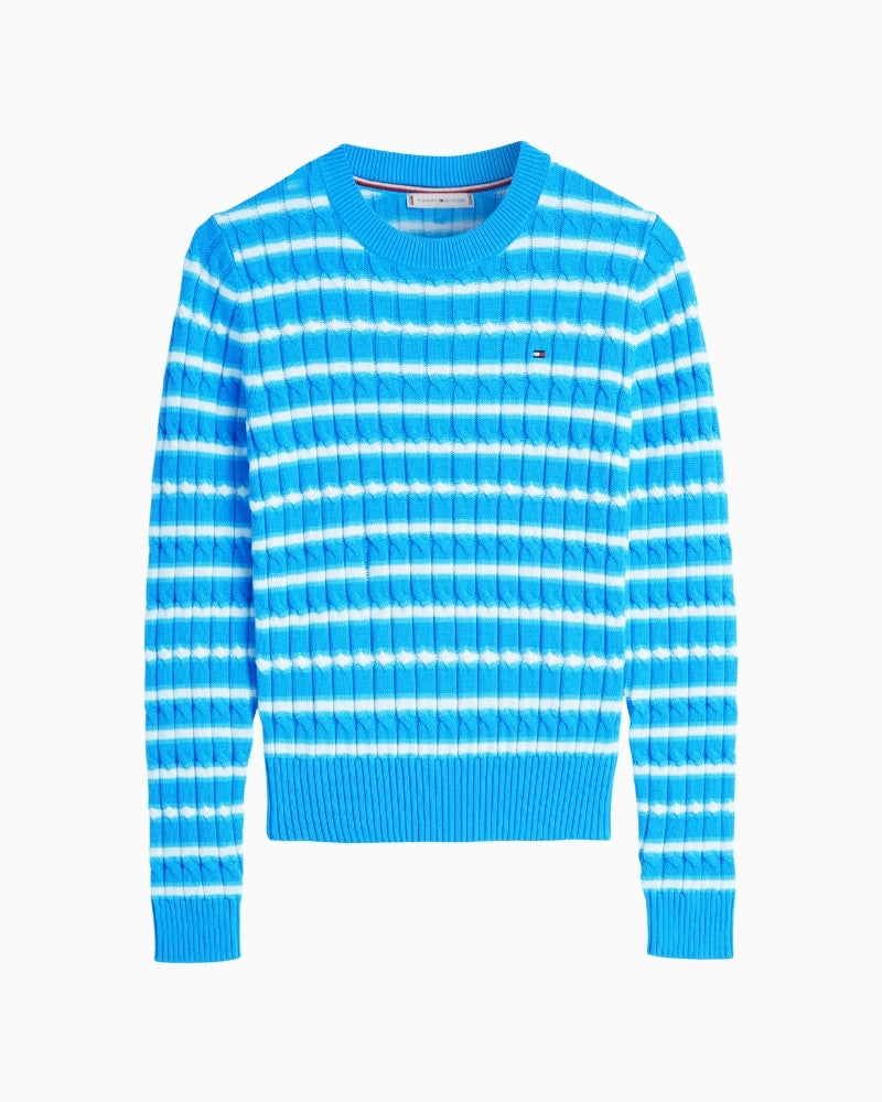 Front view of blue striped Tommy Hilfiger cable knit jumper