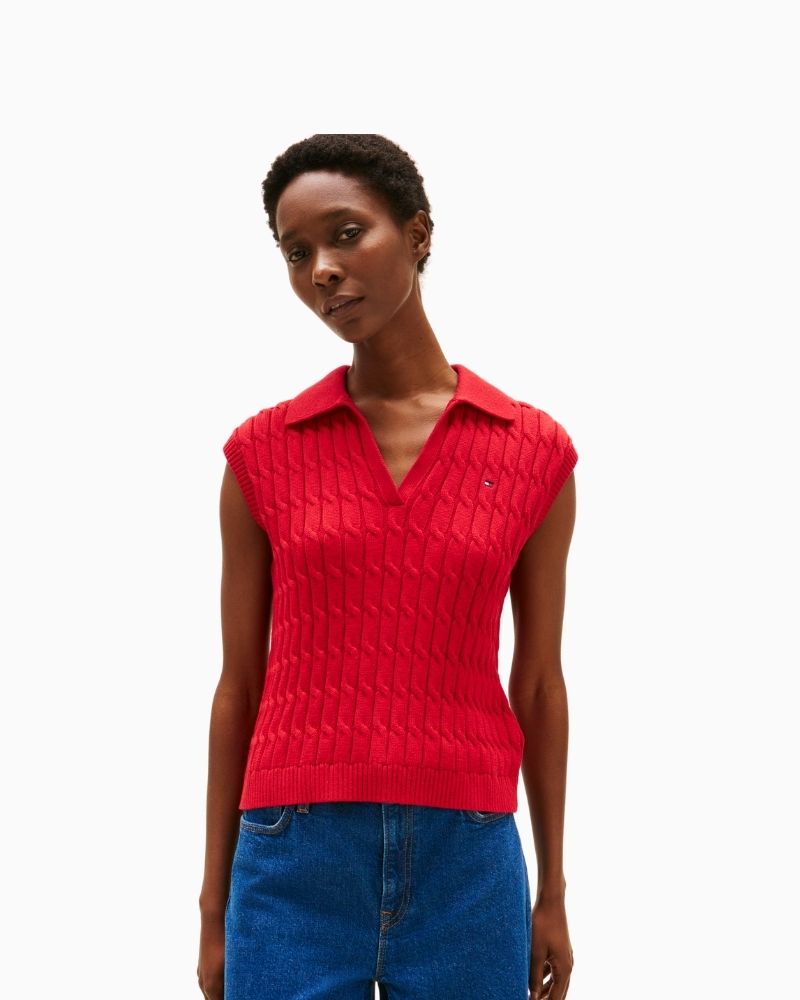 Tommy Hilfiger sleeveless polo jumper in neutral cotton cable knit