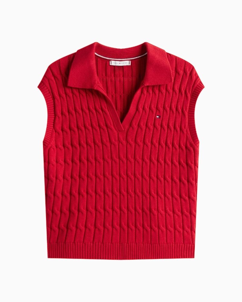 Front Tommy Hilfiger sleeveless polo jumper in neutral cotton cable knit