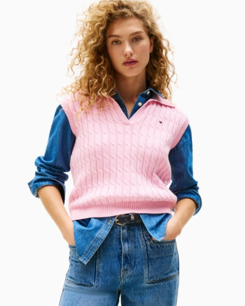 Tommy Hilfiger sleeveless cotton jumper with cable knit and polo collar