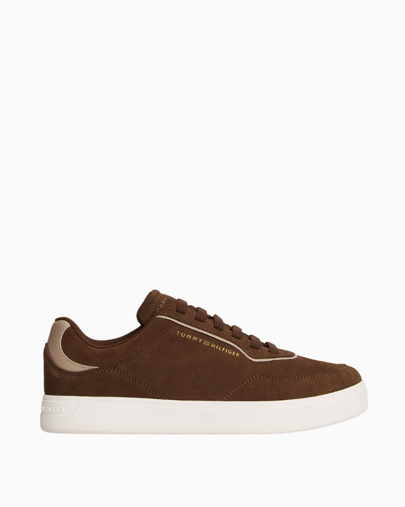Front view of brown Tommy Hilfiger suede sneaker in soft cow suede leather with tonal stitching