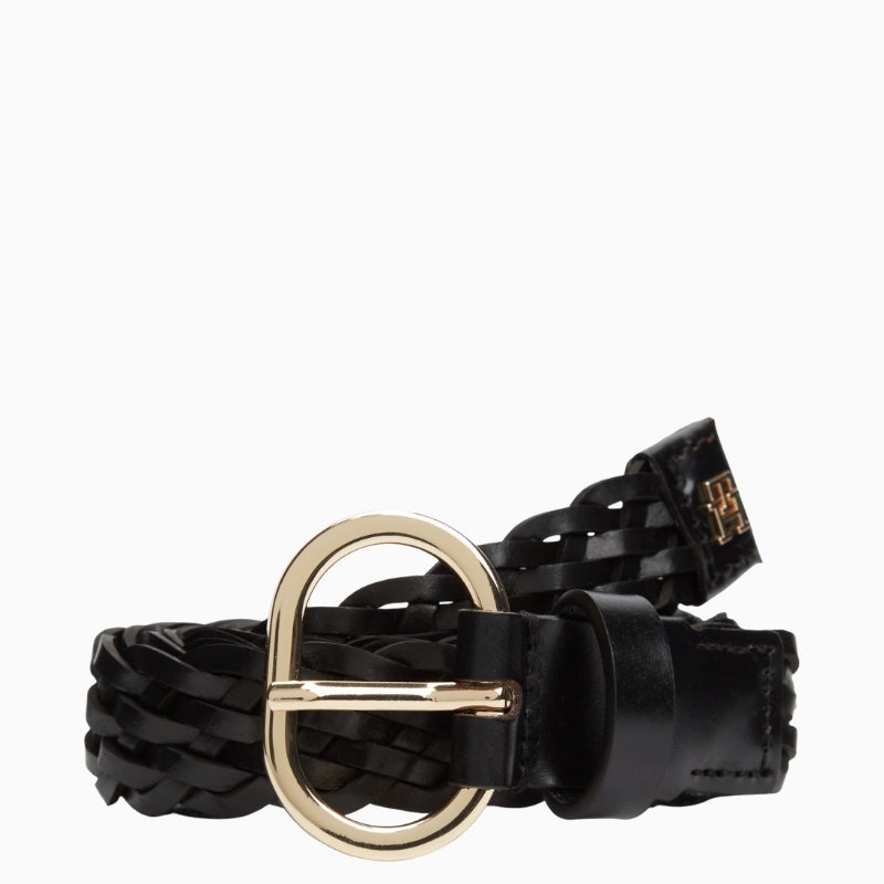 Front view of black woven leather belt by Tommy Hilfiger
