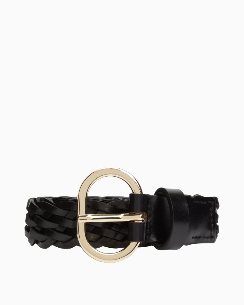 Front view of black woven leather belt by Tommy Hilfiger