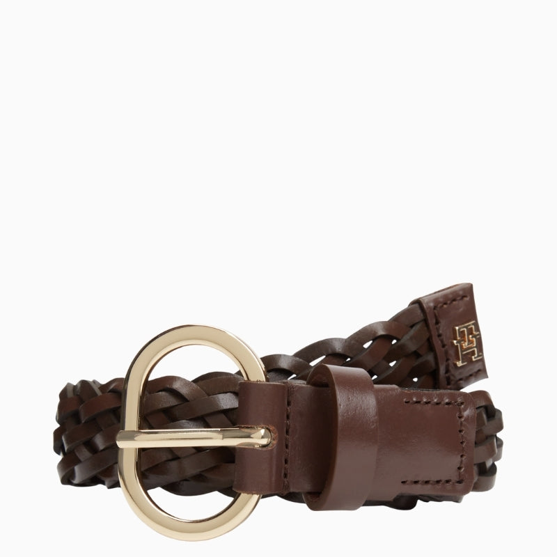 Front view of brown woven leather belt by Tommy Hilfiger