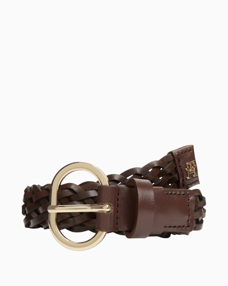 Front view of brown woven leather belt by Tommy Hilfiger