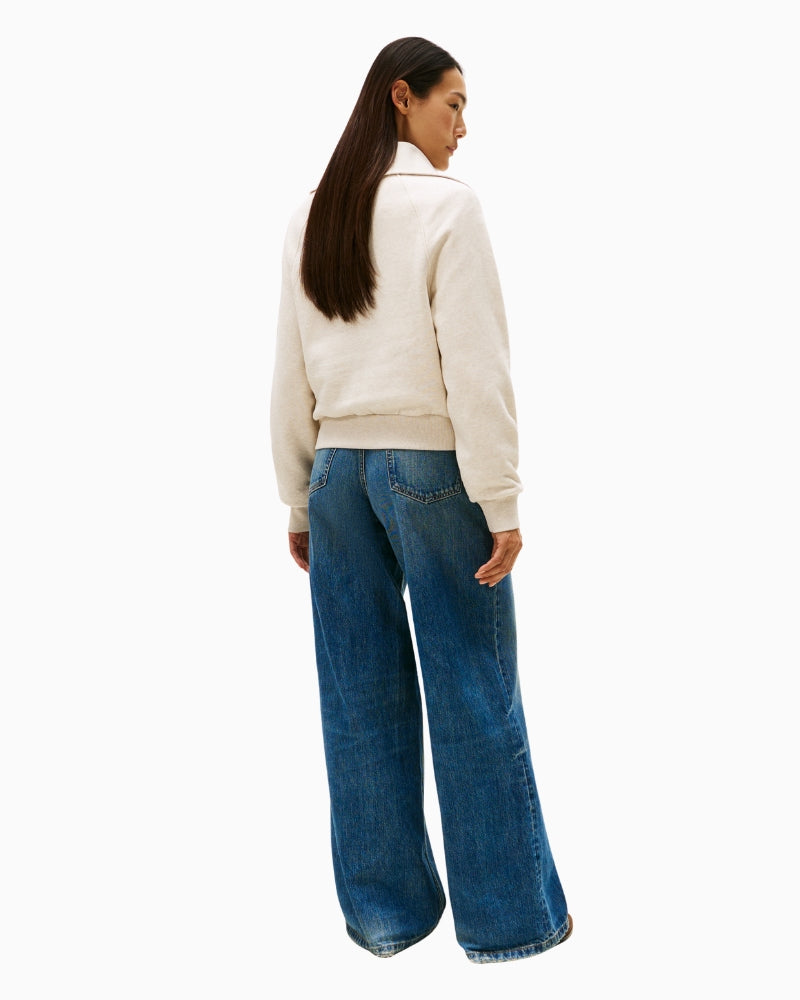 Half-zip beige sweatshirt with relaxed fit and hip-length cut