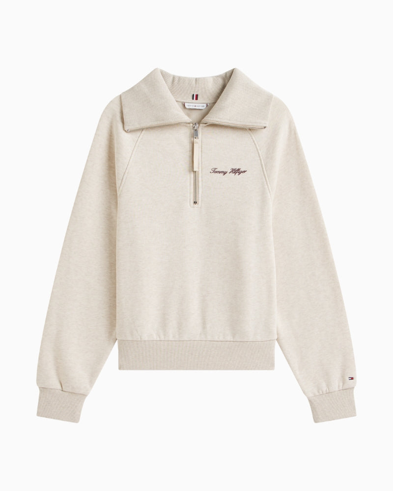 Front view of beige cotton-blend half-zip sweatshirt