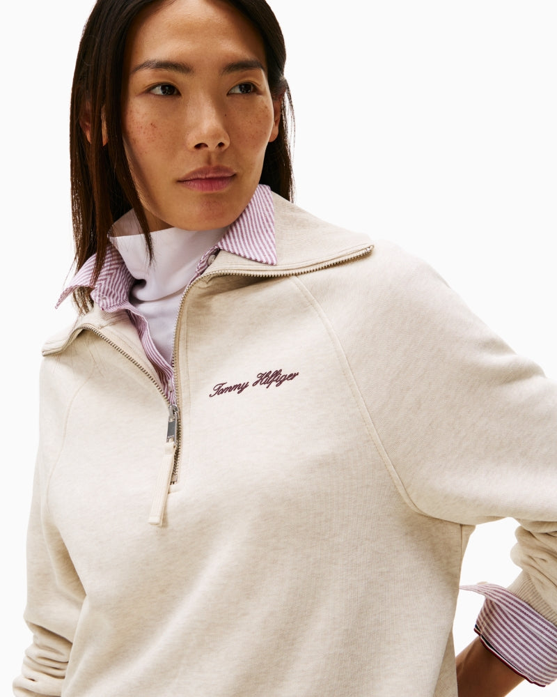 Close-up of embroidered Tommy Hilfiger script on fleece top