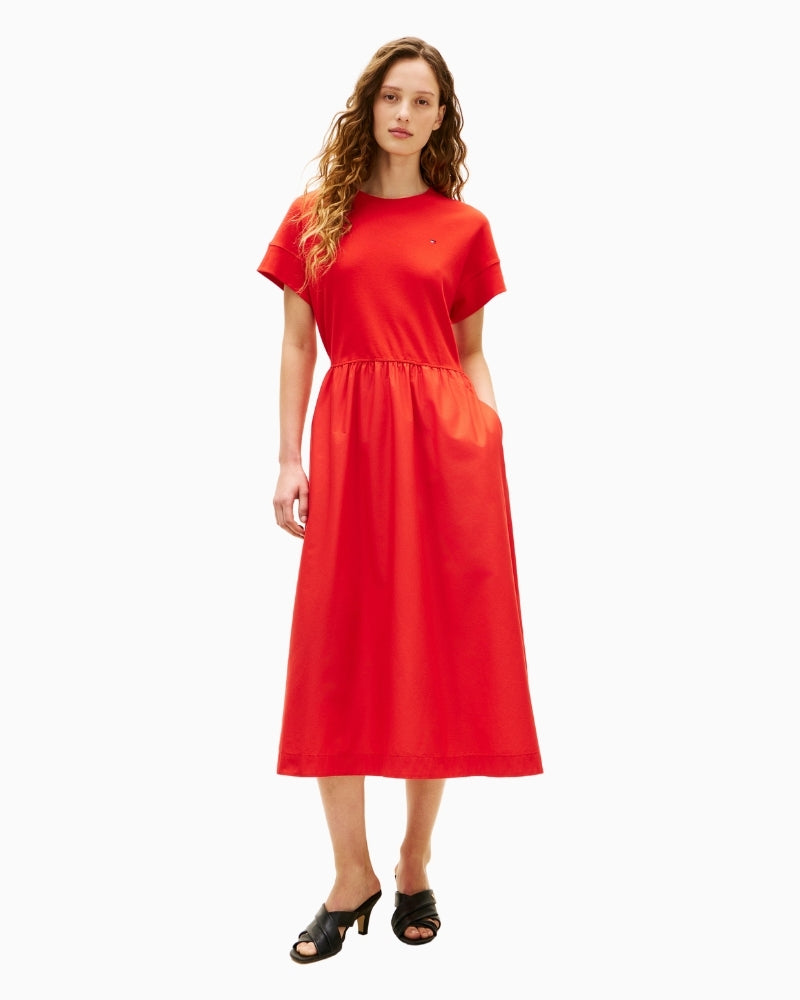 Woman wearing Tommy Hilfiger Cody mix media midi dress front view – Áines Boutique