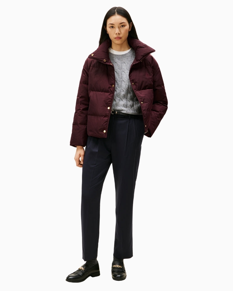 Women’s burgundy down jacket with zip front and warm insulation