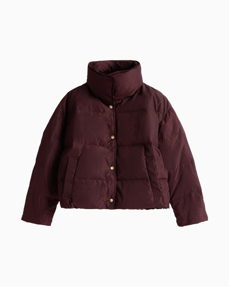 Front view of regular fit puffer jacket in burgundy by Tommy Hilfiger