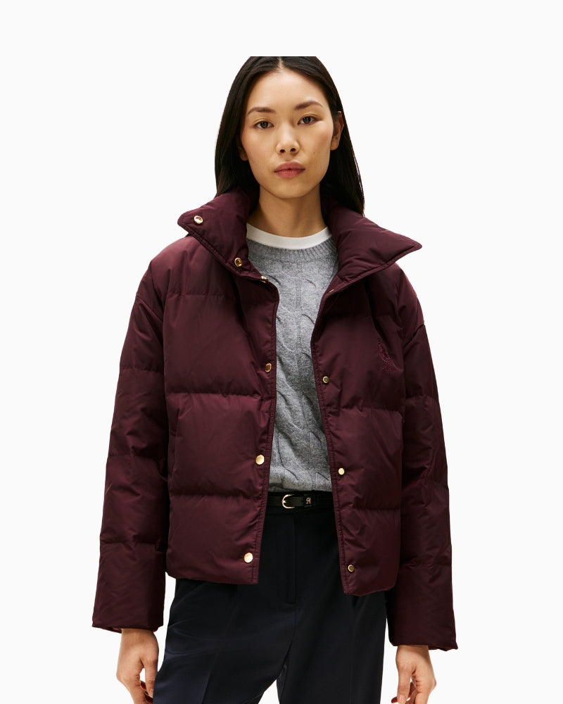 Tommy Hilfiger down-filled jacket in burgundy with crest branding