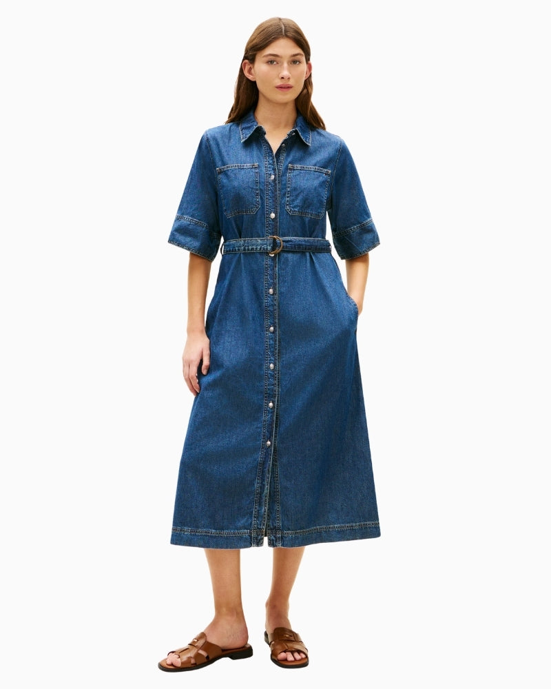 Woman wearing Tommy Hilfiger denim fit and flare dress front view – Áines Boutique