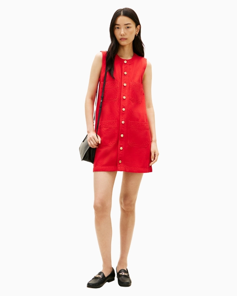 Woman wearing Tommy Hilfiger red denim mini dress front view – Áines Boutique