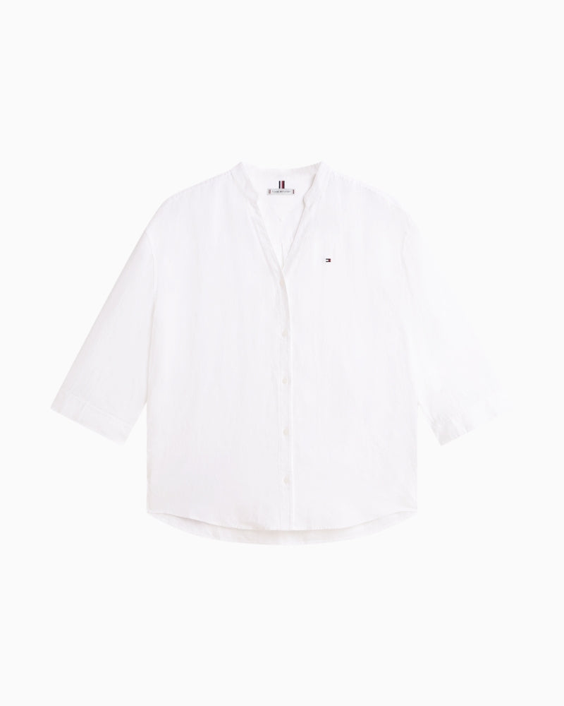 Tommy Hilfiger linen collarless shirt white flat view – Áines Boutique
