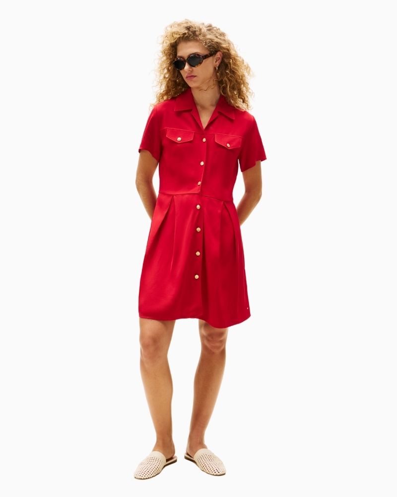 Tommy Hilfiger mini shirt dress with gold-tone buttons and pleated skirt