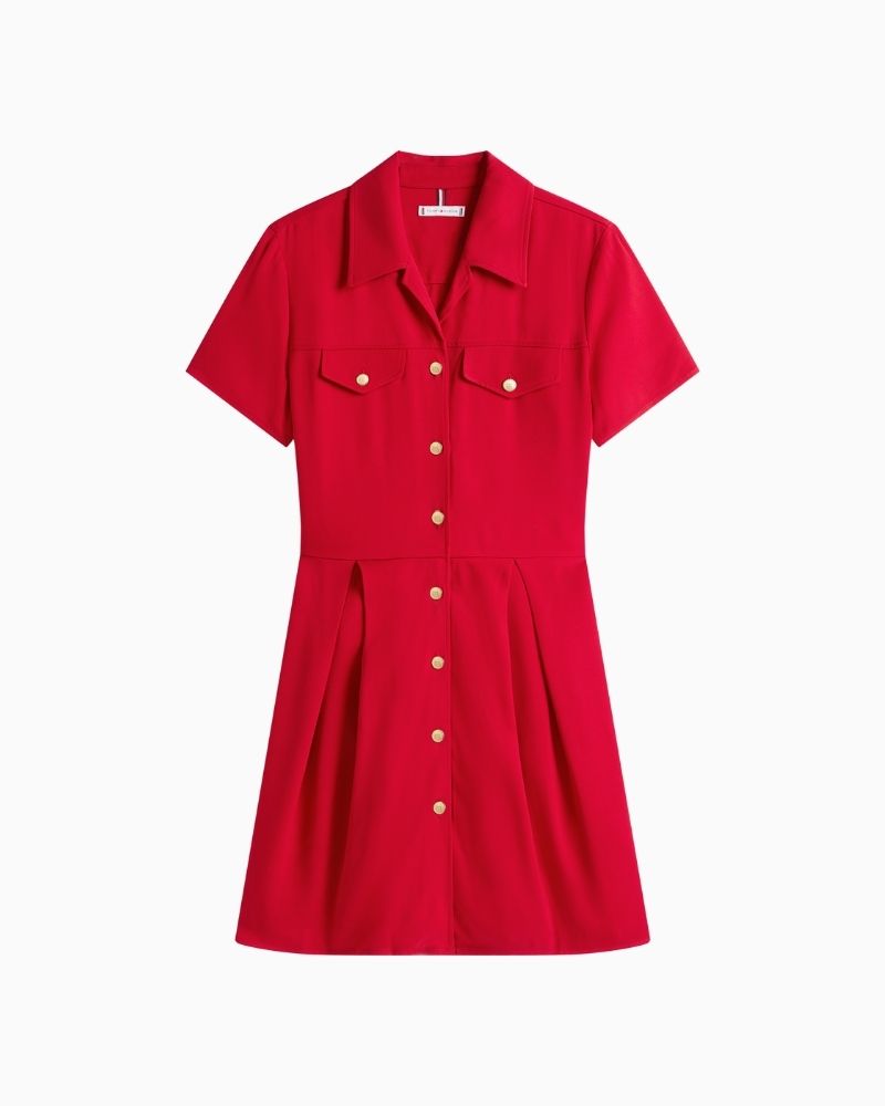 Tommy Hilfiger mini shirt dress with gold-tone buttons and pleated skirt