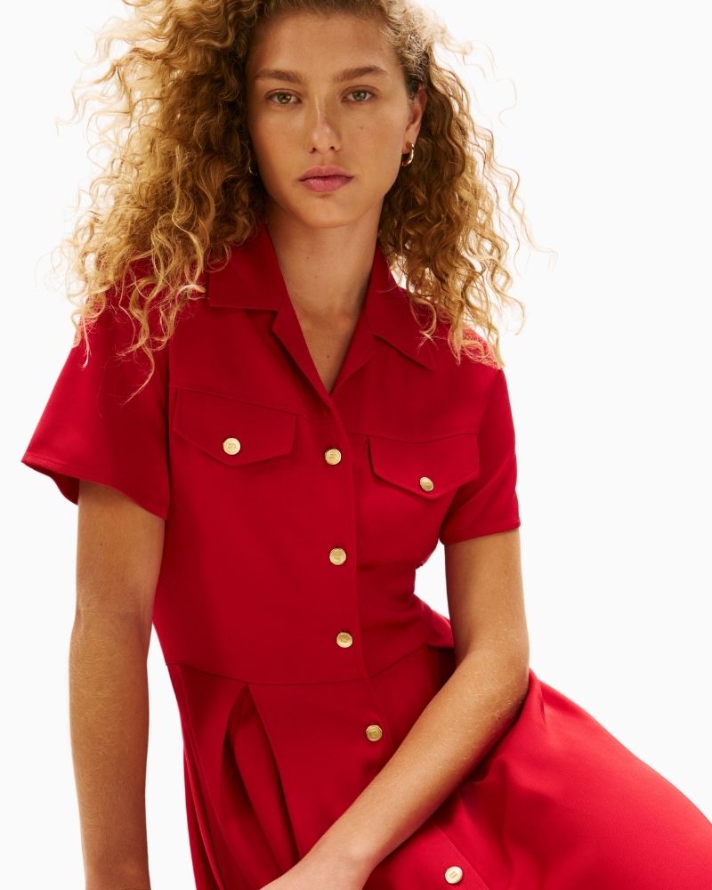 Front view of viscose fit-and-flare dress with collar and chest pockets