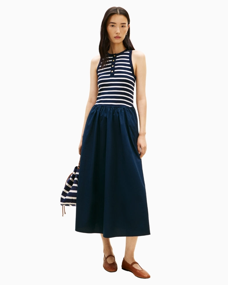 Woman wearing Tommy Hilfiger gold button poplin mix dress – Áines Boutique