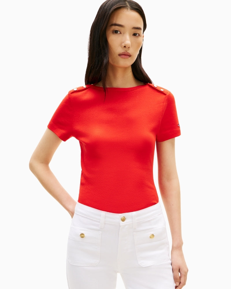 Woman wearing Tommy Hilfiger red gold button slim tee front view – Áines Boutique