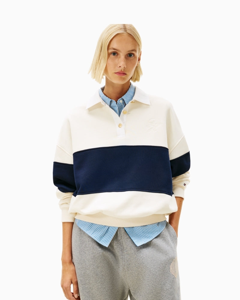 Front view of Tommy Hilfiger off white rugby fleece sweater