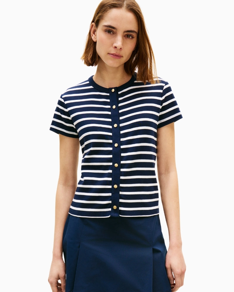 Woman wearing navy and white striped Tommy Hilfiger gold button slim T-shirt front view – Áines Boutique