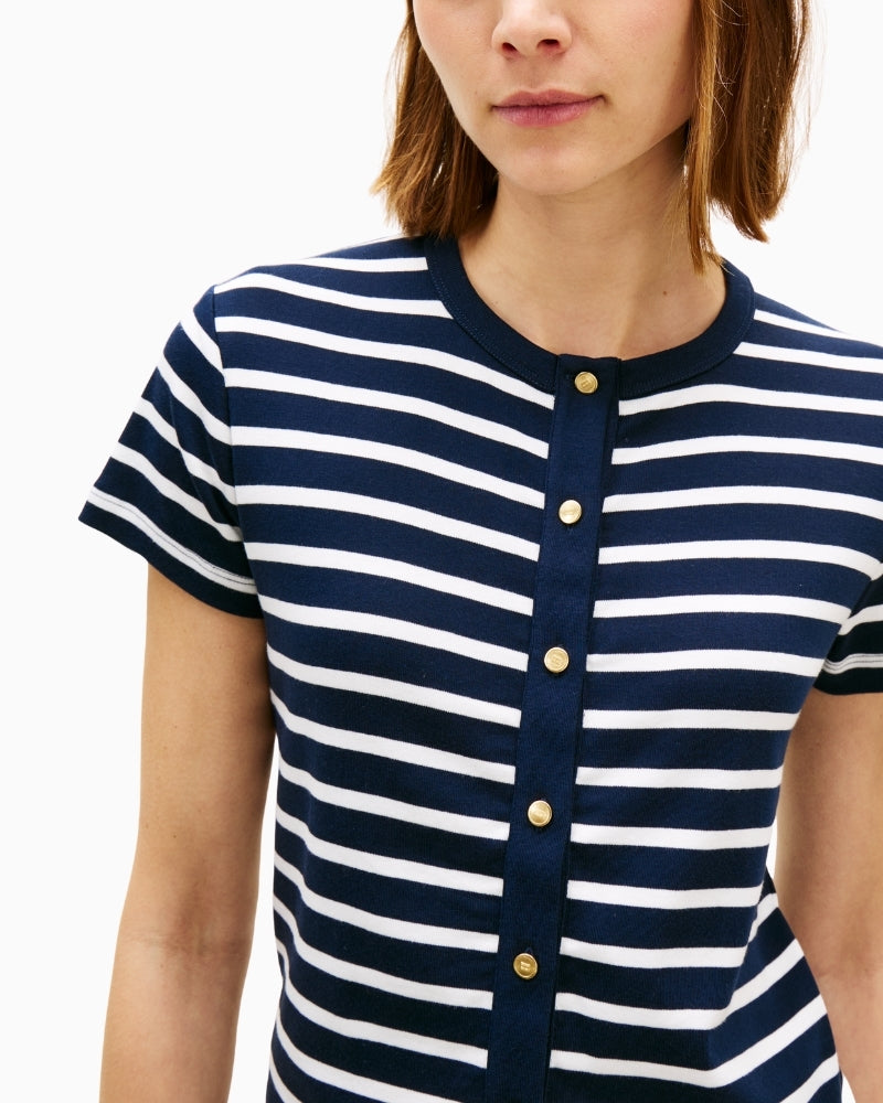 Close-up of gold button front on Tommy Hilfiger striped T-shirt – Áines Boutique