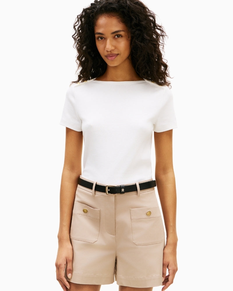 Woman wearing Tommy Hilfiger gold button slim tee front view – Áines Boutique