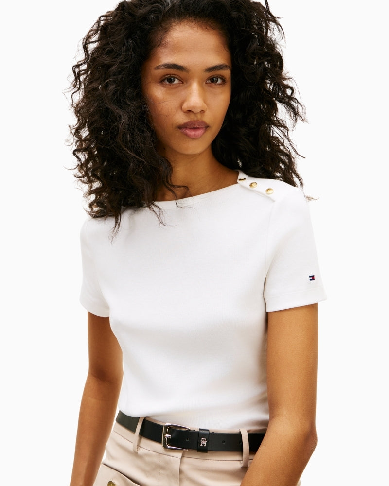 Gold button shoulder detail on Tommy Hilfiger tee – Áines Boutique