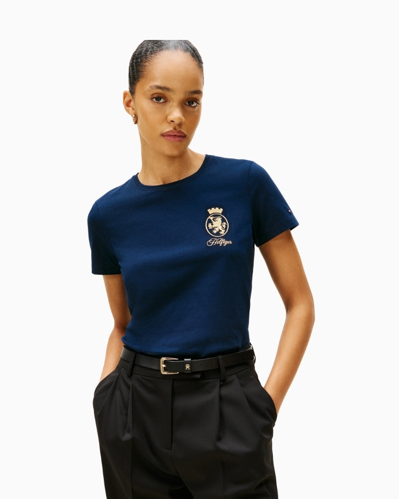 Tommy Hilfiger Gold Crest Tee in navy cotton with crew neck