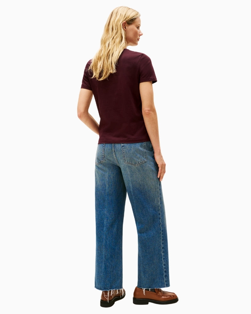 Back view of burgundy cotton t-shirt with short sleeves