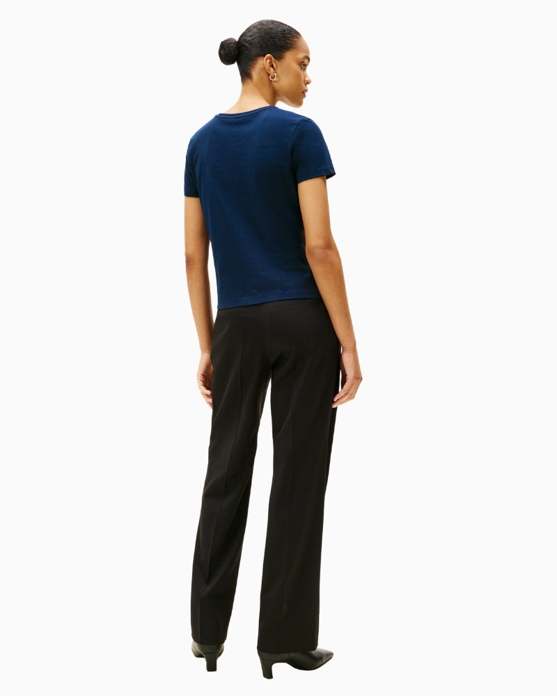 Back view of navy cotton t-shirt with short sleeves