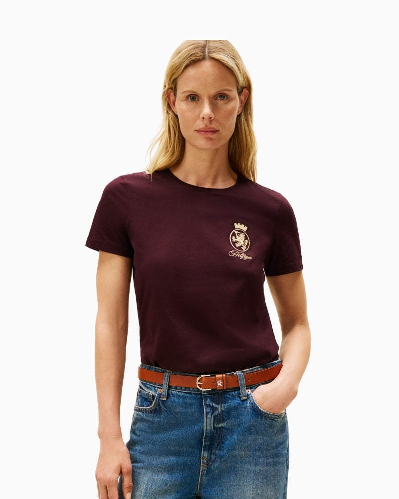Tommy Hilfiger Gold Crest Tee in burgundy with crew neck