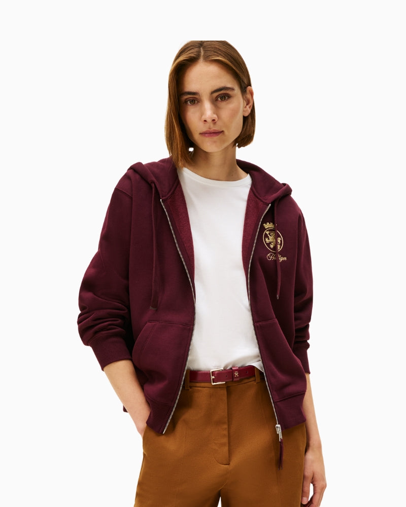 Burgundy Tommy Hilfiger zip-through cotton terry jacket with gold crest