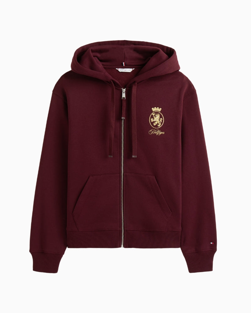 Front view of burgundy zip jacket with ribbed cuffs and hem