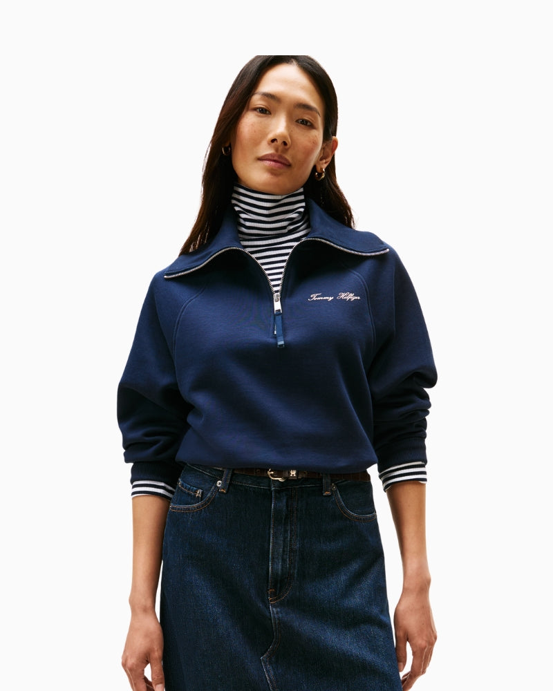 Navy Tommy Hilfiger fleece half-zip sweater with script logo
